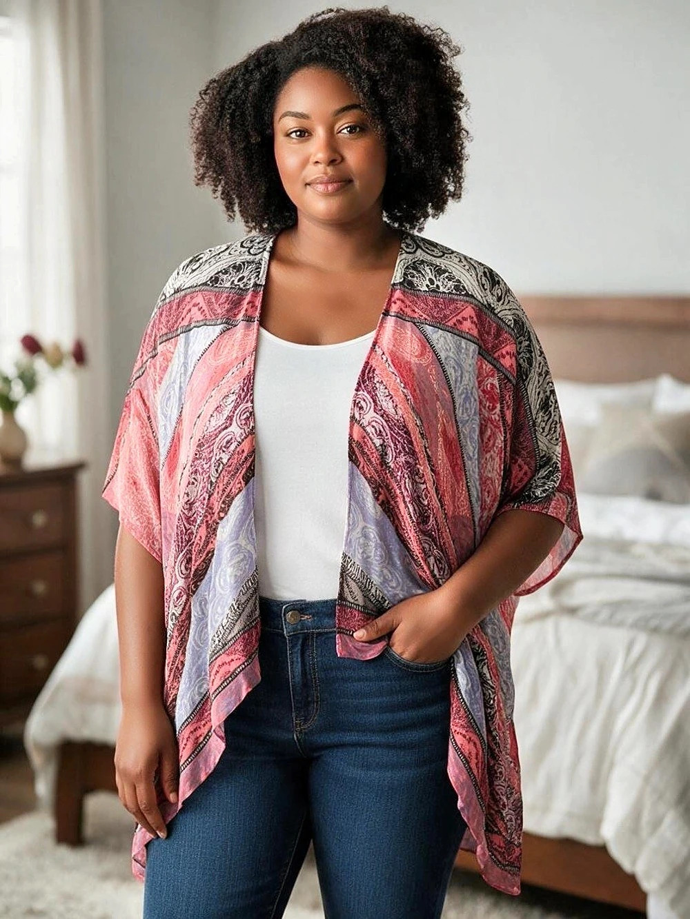 Catherines Abstract Print Kimono in Pink & Multicolor One Size